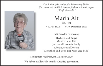 Traueranzeige von Maria Alt von FZ