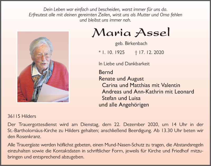  Traueranzeige für Maria Assel vom 21.12.2020 aus FZ