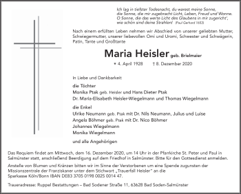 Traueranzeige von Maria Heisler von FZ