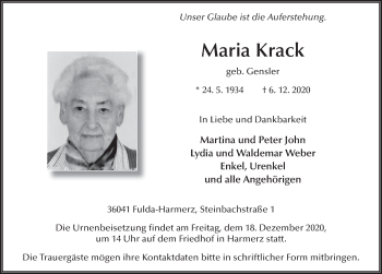 Traueranzeige von Maria Krack von FZ