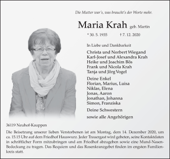 Traueranzeige von Maria Krah von FZ