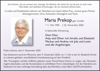 Traueranzeige von Maria Prekop von FZ