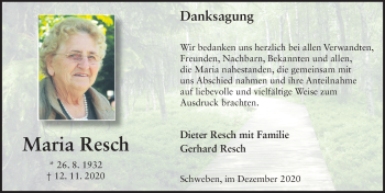 Traueranzeige von Maria Resch von FZ