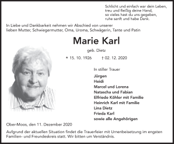 Traueranzeige von Marie Karl von FZ