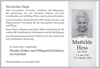 Traueranzeige von Mathilde Hess von FZ