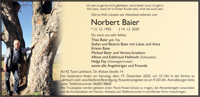  Traueranzeige für Norbert Baier vom 17.12.2020 aus FZ