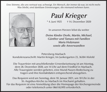 Traueranzeige von Paul Krieger