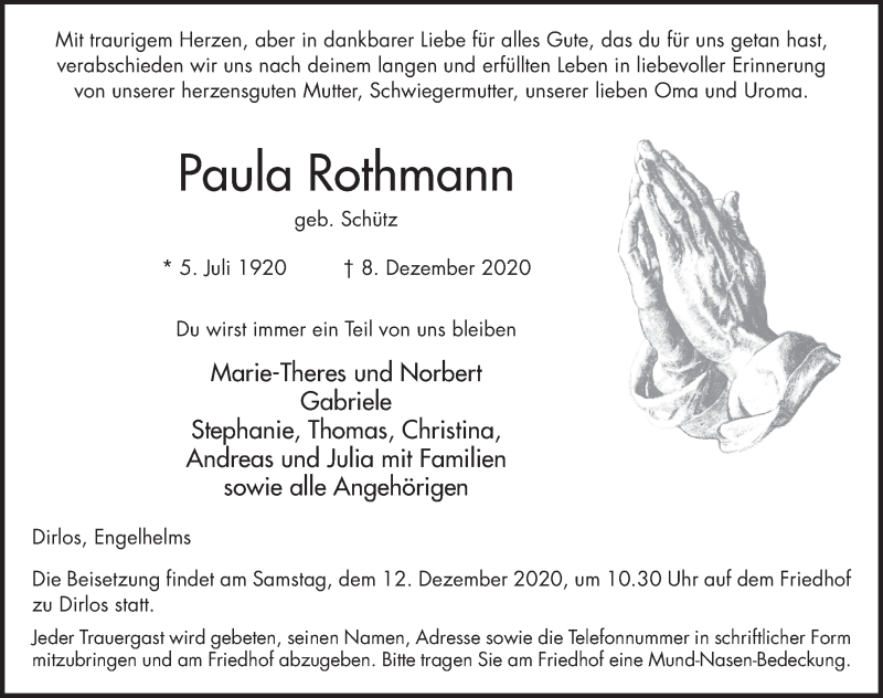  Traueranzeige für Paula Rothmann vom 10.12.2020 aus FZ