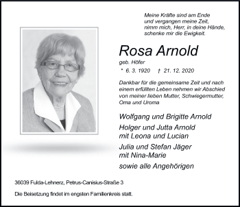 Traueranzeige von Rosa Arnold von FZ