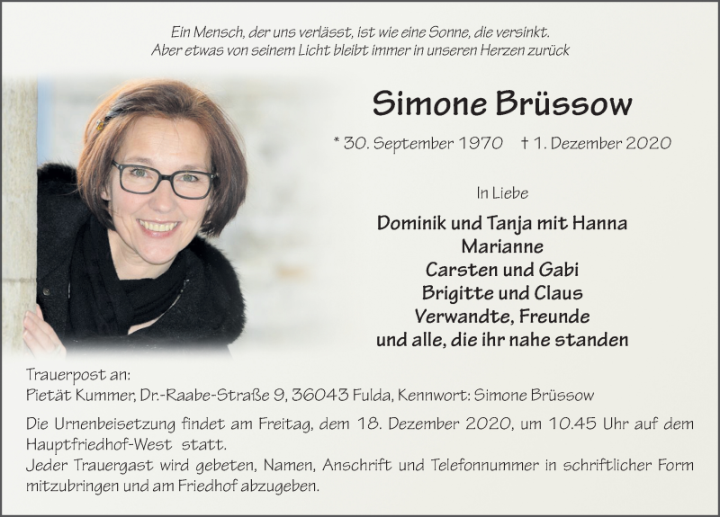  Traueranzeige für Simone Brüssow vom 14.12.2020 aus FZ