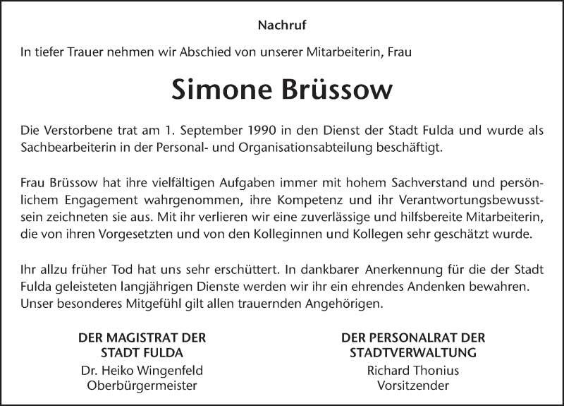  Traueranzeige für Simone Brüssow vom 14.12.2020 aus FZ