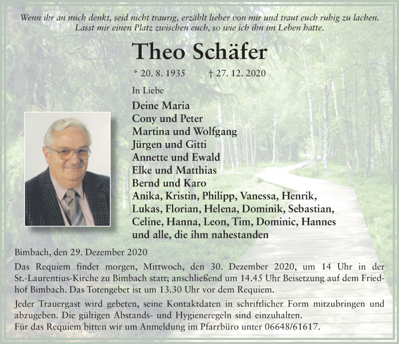  Traueranzeige für Theo Schäfer vom 29.12.2020 aus FZ