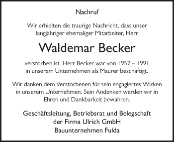 Traueranzeige von Waldemar Becker von FZ