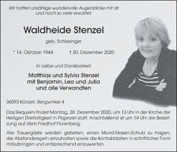 Traueranzeige von Waldheide Stenzel von FZ