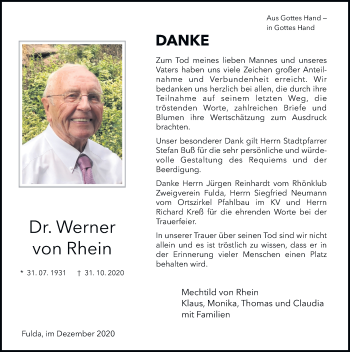 Traueranzeige von Werner von Rhein von FZ