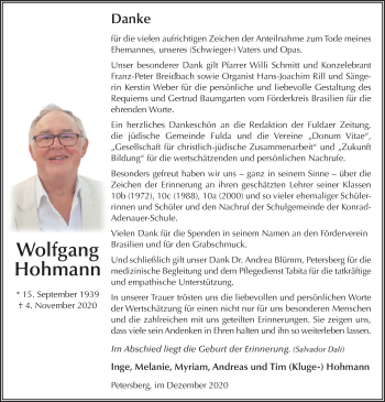 Traueranzeige von Wolfgang Hohmann von FZ