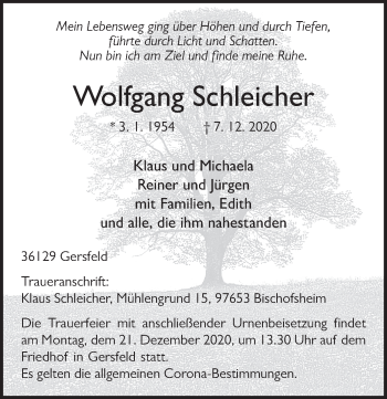 Traueranzeige von Wolfgang Schleicher von FZ