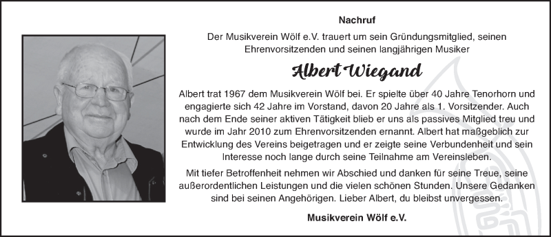  Traueranzeige für Albert Wiegand vom 13.02.2020 aus FZ