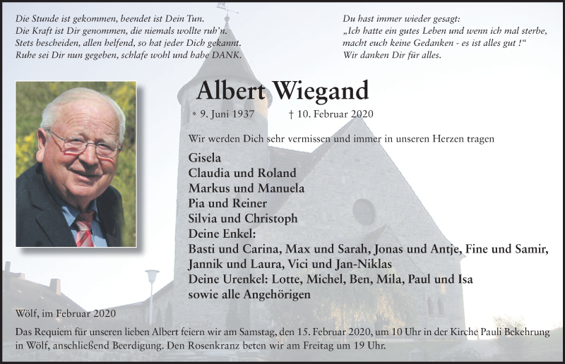  Traueranzeige für Albert Wiegand vom 13.02.2020 aus FZ