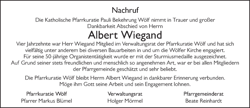  Traueranzeige für Albert Wiegand vom 13.02.2020 aus FZ