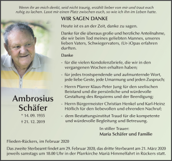 Traueranzeige von Ambrosius Schäfer von FZ