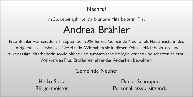  Traueranzeige für Andrea Brähler vom 14.02.2020 aus FZ