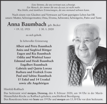 Traueranzeige von Anna Baumbach von FZ
