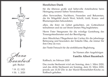 Traueranzeige von Anna Baumbach von FZ