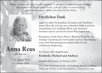 Traueranzeige von Anna Reus von FZ