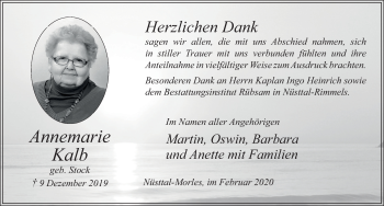 Traueranzeige von Anny Maria Kalb von FZ