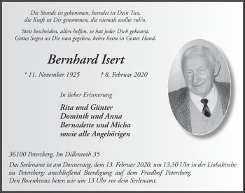 Traueranzeige von Bernhard Isert von FZ