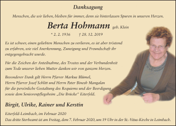 Traueranzeige von Berta Hohmann von FZ