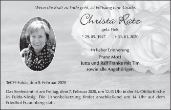 Traueranzeige von Christa Ratz von FZ