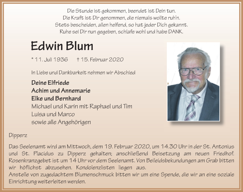  Traueranzeige für Edwin Blum vom 18.02.2020 aus FZ