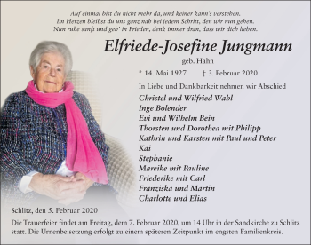 Traueranzeige von Elfriede-Josefine Jungmann von FZ