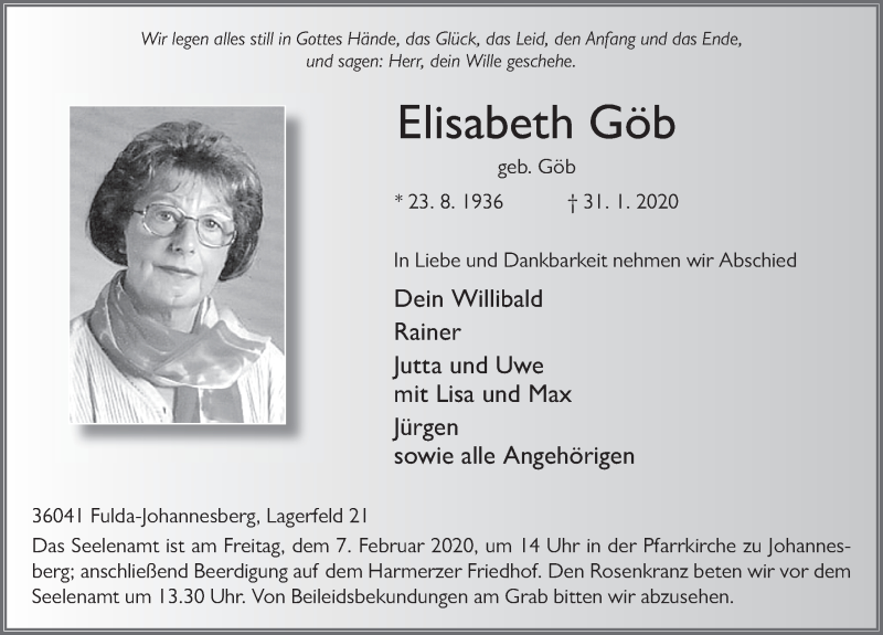  Traueranzeige für Elisabeth Göb vom 04.02.2020 aus FZ