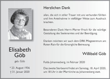 Traueranzeige von Elisabeth Göb von FZ