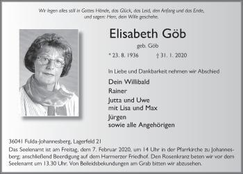 Traueranzeige von Elisabeth Göb von FZ