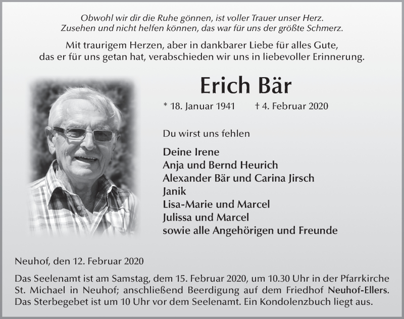  Traueranzeige für Erich Bär vom 12.02.2020 aus FZ
