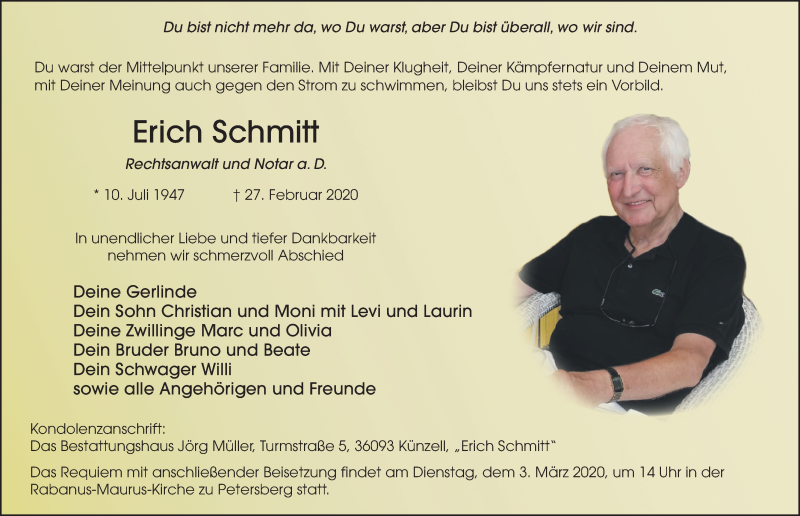  Traueranzeige für Erich Schmitt vom 29.02.2020 aus FZ