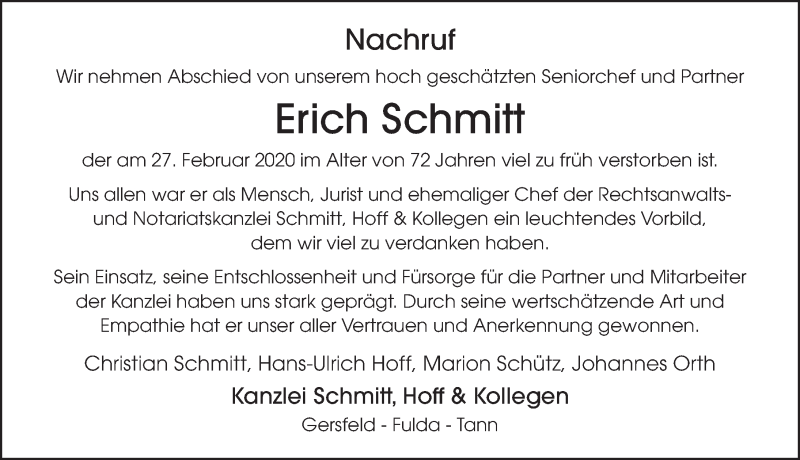  Traueranzeige für Erich Schmitt vom 29.02.2020 aus FZ