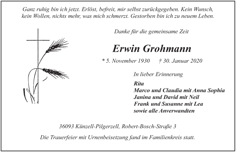  Traueranzeige für Erwin Grohmann vom 15.02.2020 aus FZ