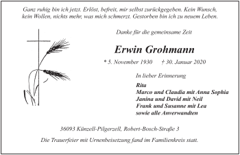 Traueranzeige von Erwin Grohmann von FZ