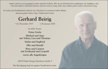 Traueranzeige von Gerhard Beirig von FZ