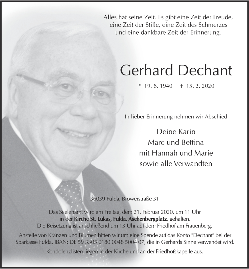  Traueranzeige für Gerhard Dechant vom 18.02.2020 aus FZ