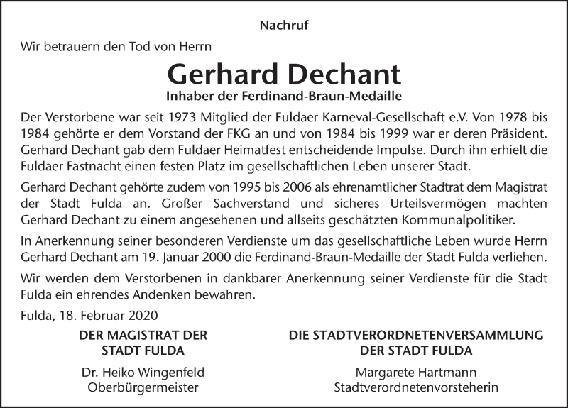  Traueranzeige für Gerhard Dechant vom 18.02.2020 aus FZ