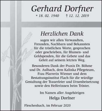 Traueranzeige von Gerhard Dorfner von FZ