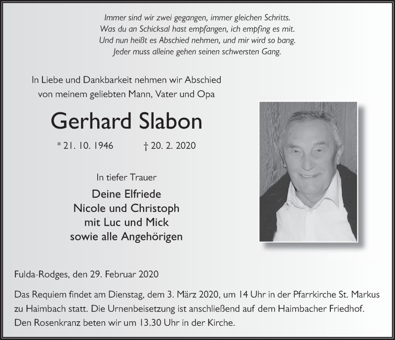  Traueranzeige für Gerhard Slabon vom 29.02.2020 aus FZ