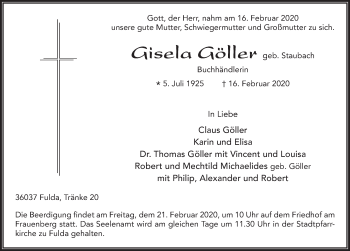 Traueranzeige von Gisela Göller von FZ