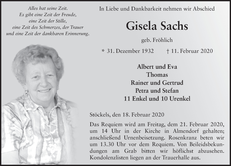  Traueranzeige für Gisela Sachs vom 18.02.2020 aus FZ